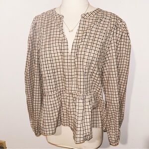 LOFT Cotton Plaid Peplum Long Sleeve Blouse in Tan and Gray NEW